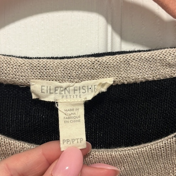 Eileen Fisher Petite Tan Black Stripe Linen Sweater - Picture 4 of 8